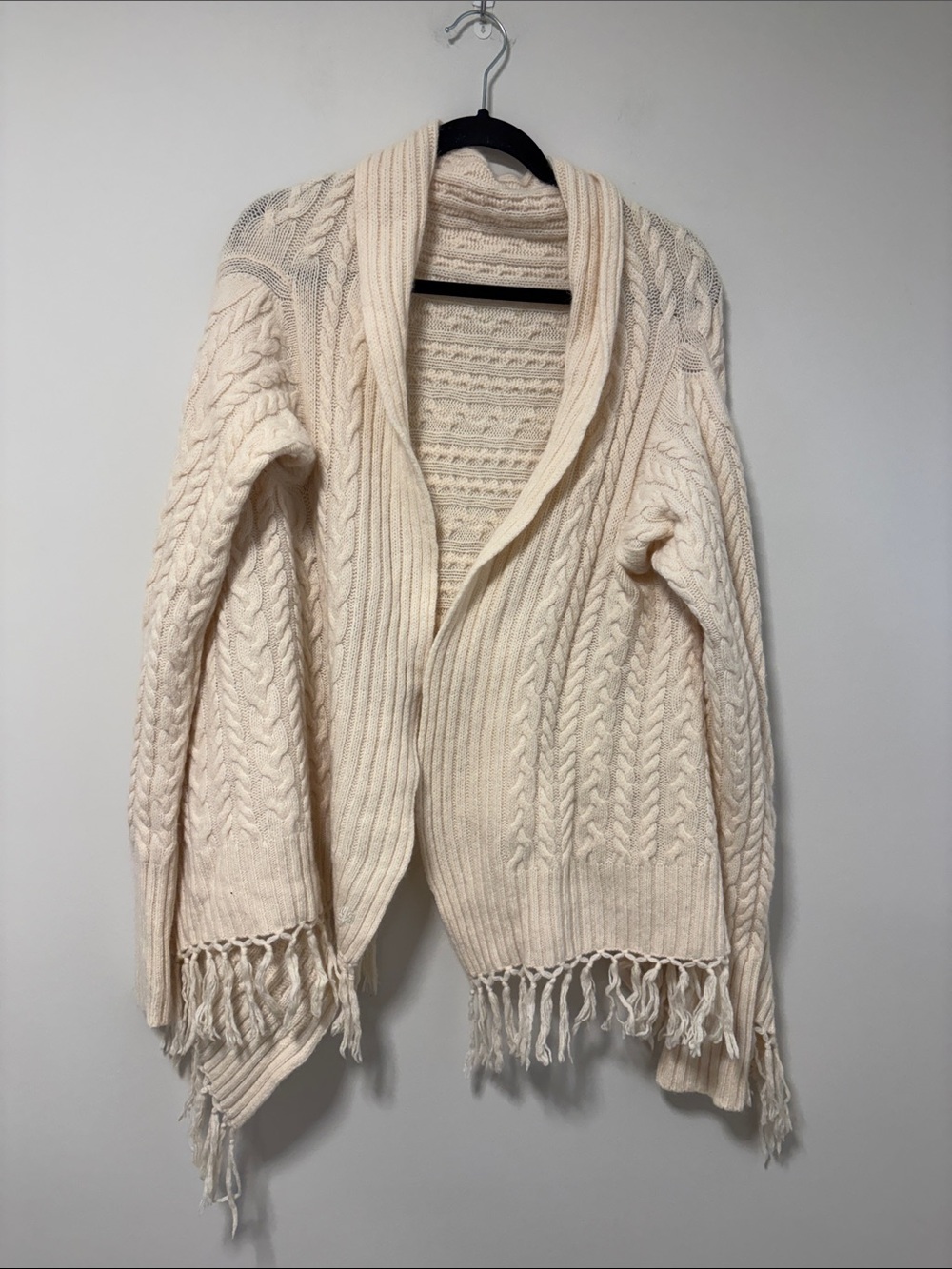Lauren Ralph Lauren Cream Cable-Knit Fringe Open Cardigan/shawl